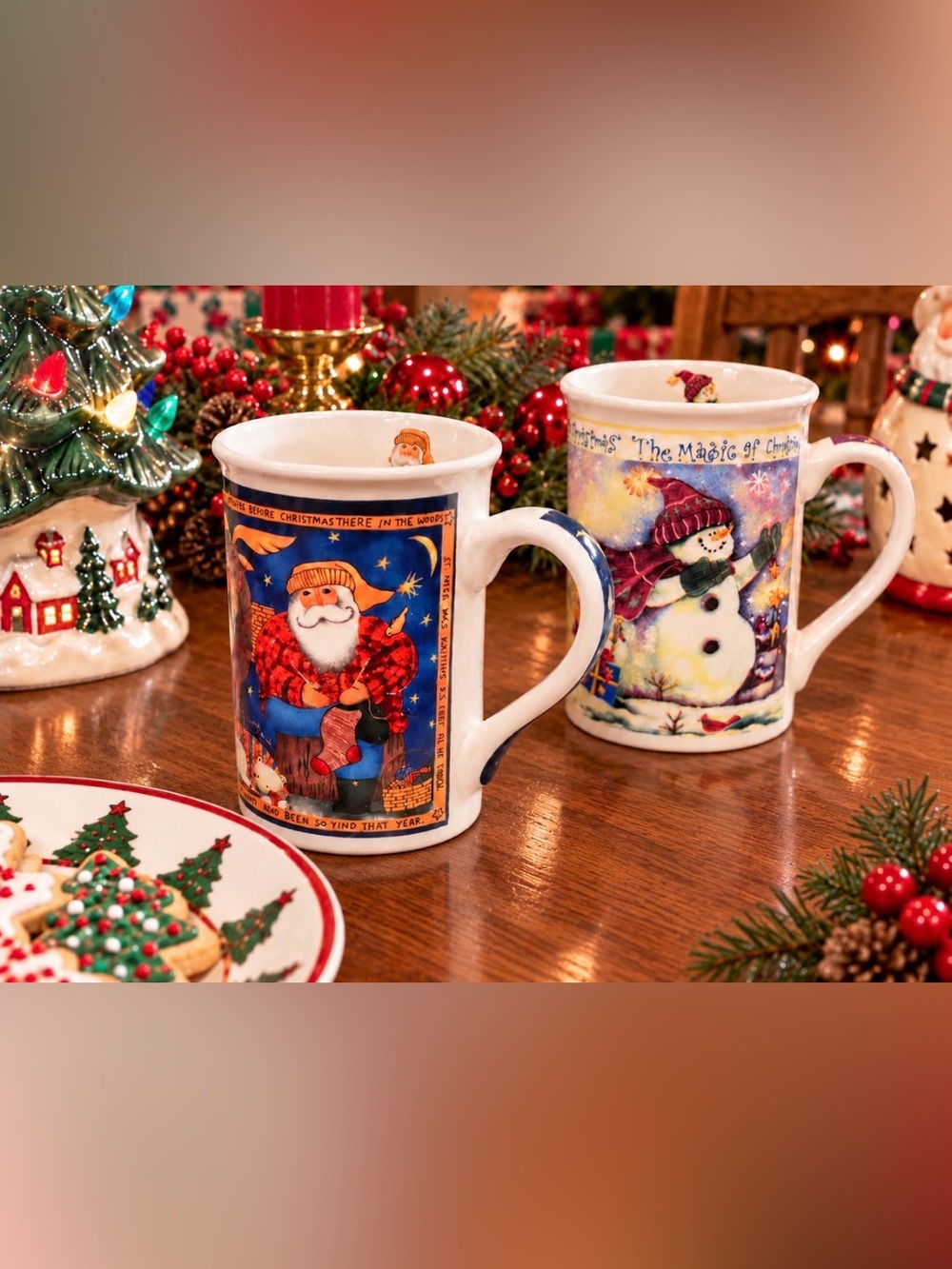VTG “The Music Of Christmas” Santa and Snowman Set of 2 Mugs.